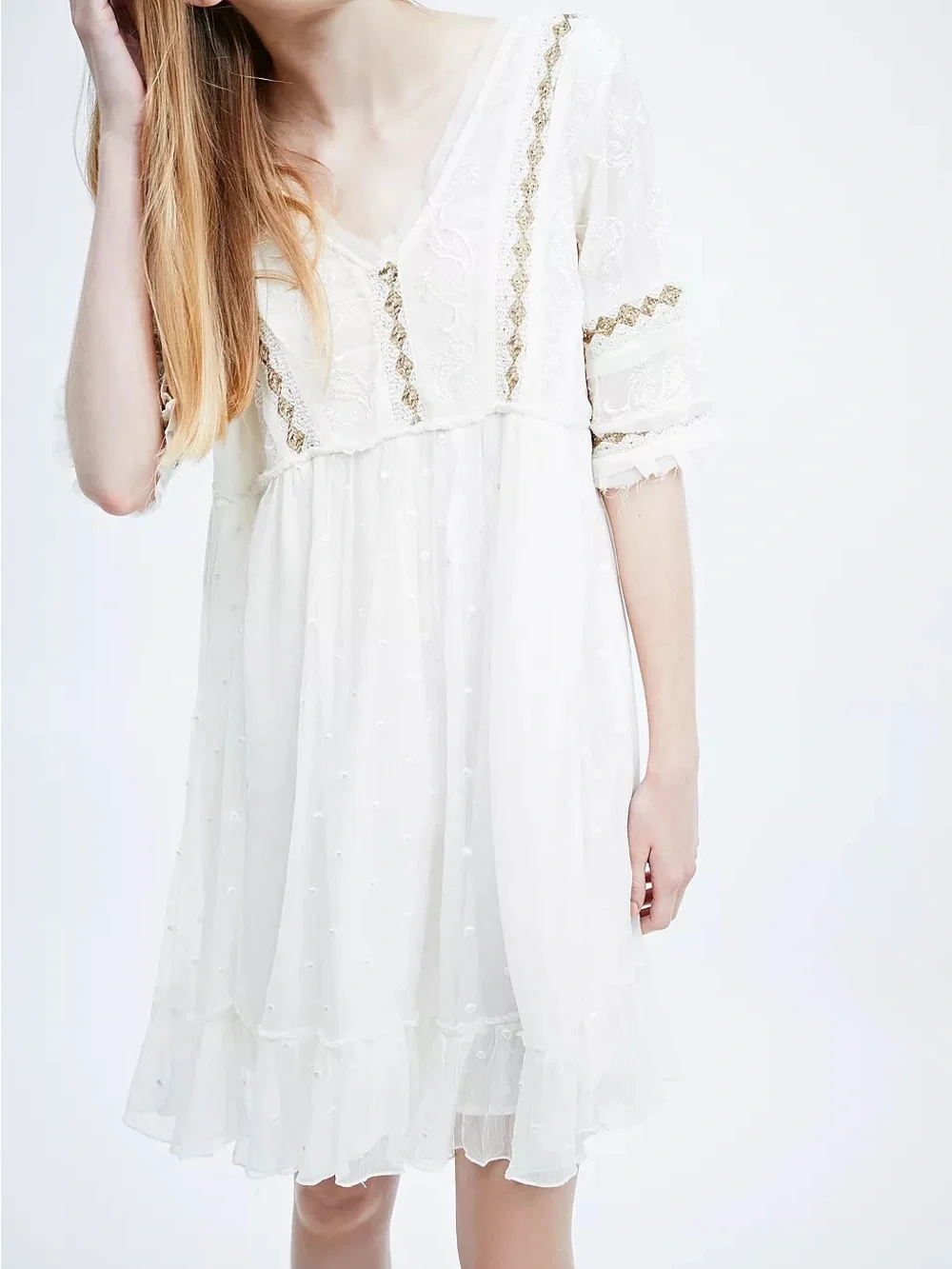 Free People Little Dot Mini Dress Vanilla Swiss Dot Ruffle Boho Cottagecore - S - Picture 3 of 11
